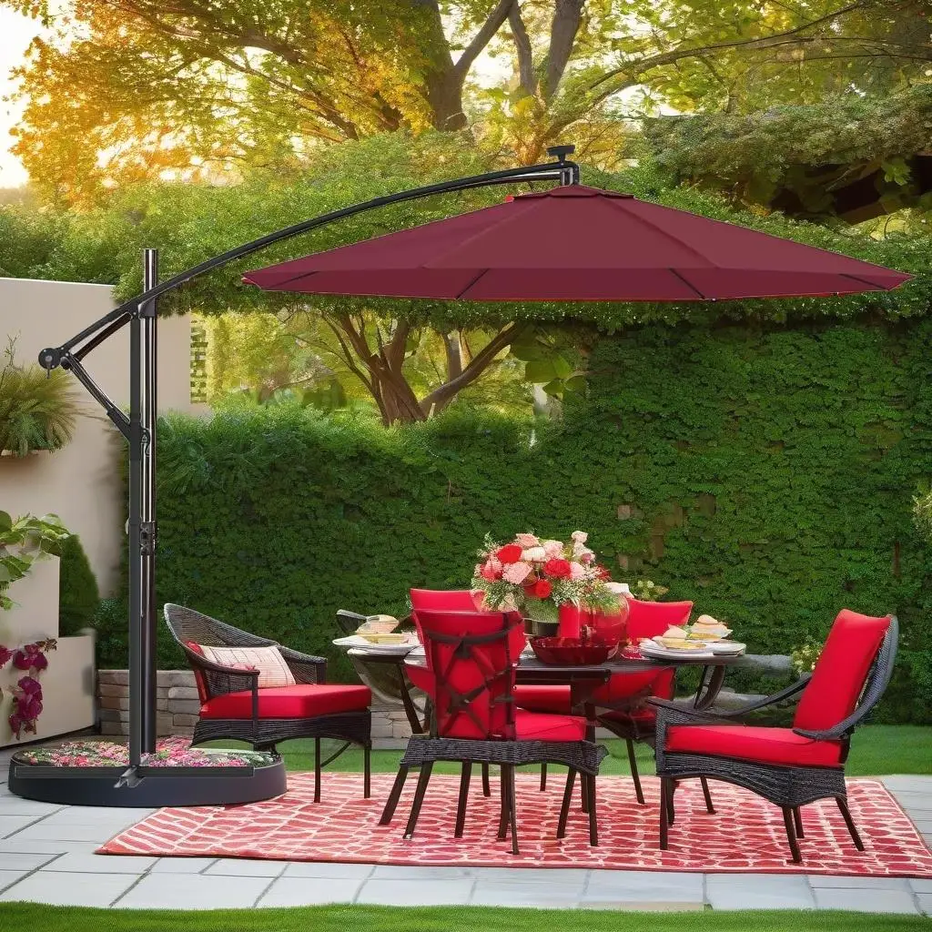 Wine Red Cantilever Garden Parasol with Lights & Sturdy Steel Pole - Perfect for Outdoor Comfort