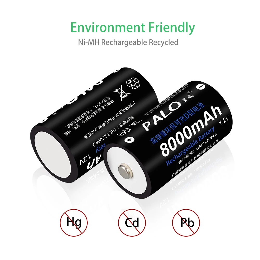 PALO 2-8pcs 1.2V D Size Rechargeable Battery 8000mAh R20 Type D Battery 1.2V Ni-MH Rechargeable D Batteries+free battery box