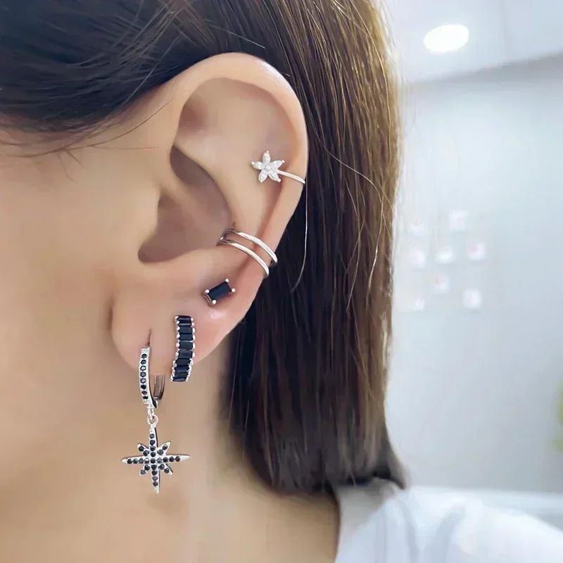 925 Sterling Silver Ear Buckles Fashion Hoop Earrings Black Crystal Pendant Silver Earrings High Quality Women\'s Jewelry Gifts