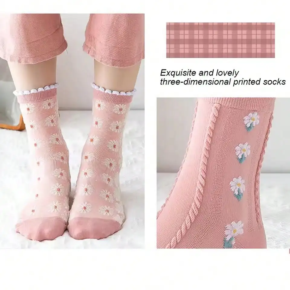 5 Pairs Printed Bubble Mouth Women Round Neck Socks Fashionable Three-Dimensional Printing Design Soft Lightweight Casual Socks