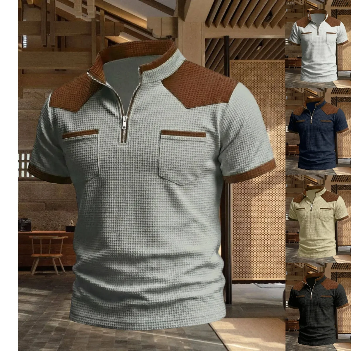 

Summer men's new multi-color patch pocket, with a retro texture, loose and breathable, cool and comfortable, half-zip short slee