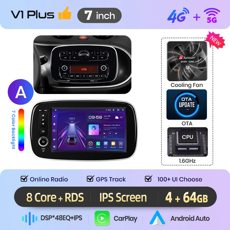 Junsun 8-Zoll Kabelloses CarPlay Android Auto Autoradio für Mercedes Benz Smart Fortwo 453 2014-2020 Multimedia Kabelloses Apple CarPlay Intelligente Systeme IPS Touchscreen Stereo-Videoplayer 2 Din