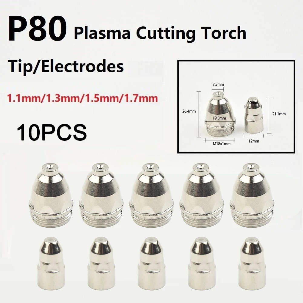 10pcs/lot Electrode Plasma Cutter Consumable Torch Kit 1.1mm-1.7mm Nozzle Tip Electrode For P80 P-80 Plasma Cutting Torch