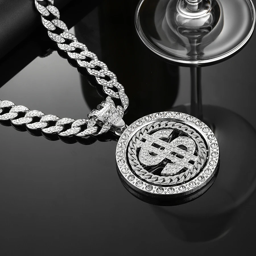 RENQING hot sales alloy with rhinestone cuban chain hip hop rotatable USD pendant necklace