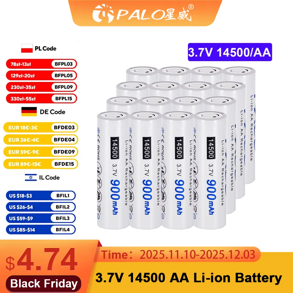 PALO 2-16 pezzi 14500 900mAh 3.7V batterie ricaricabili agli ioni di litio AA batteria al litio per torcia a LED fari torcia mouse
