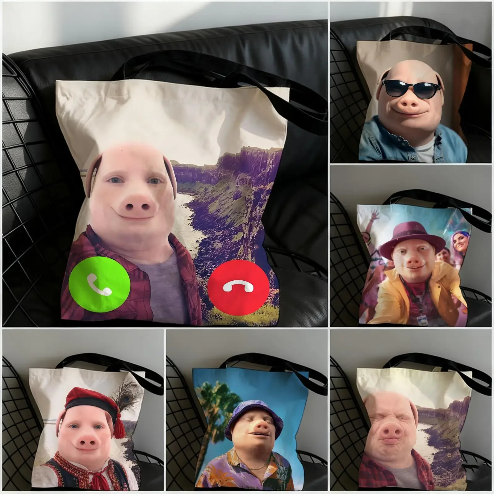 John Pork Is Calling Storage Bags Large Capacity Canvas Tote Bag Double-Sided Print Shoulder Handbag for Daily Shopping