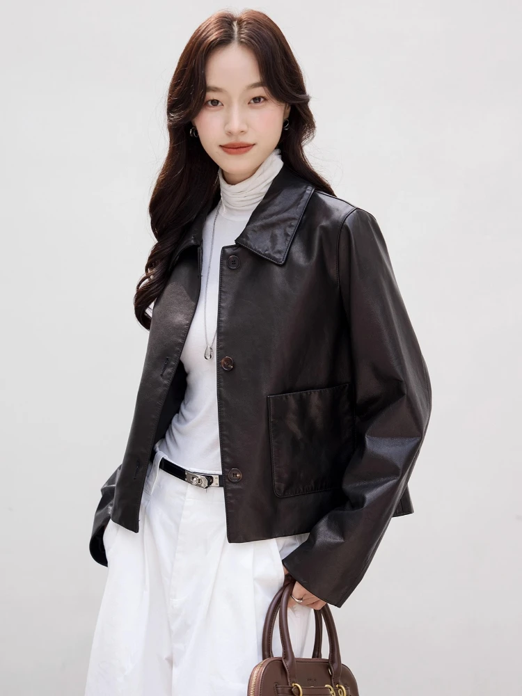 Slim Short Genuine Leather Motorcycle Jacket for Women Spring Autumn 2025 New High-end Simple Oil Wax Real Goatskin Leather Coat