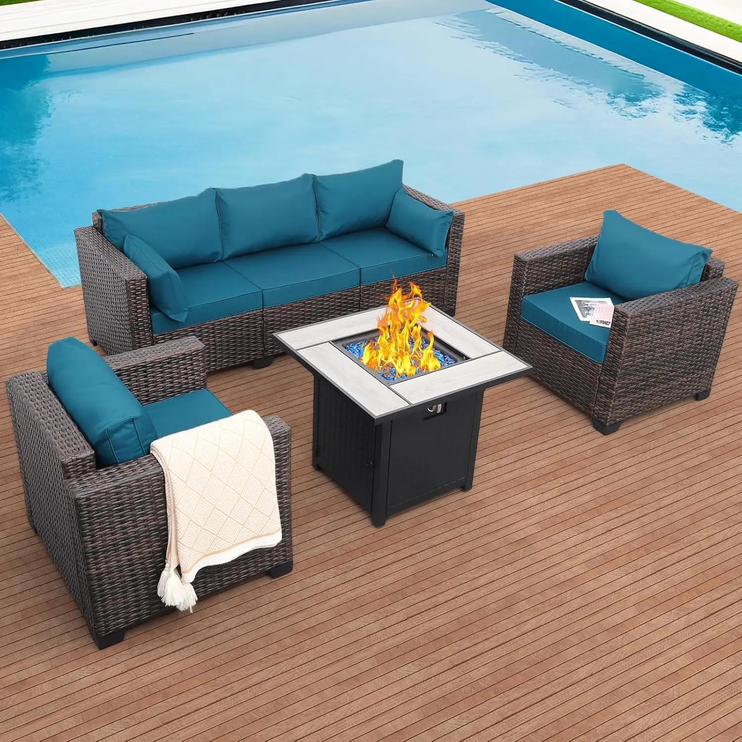 

4-Piece Sectional Sofa Couch with 50,000BTU Adjustable Fire Pit Table Non-Slip and Washable Cushions