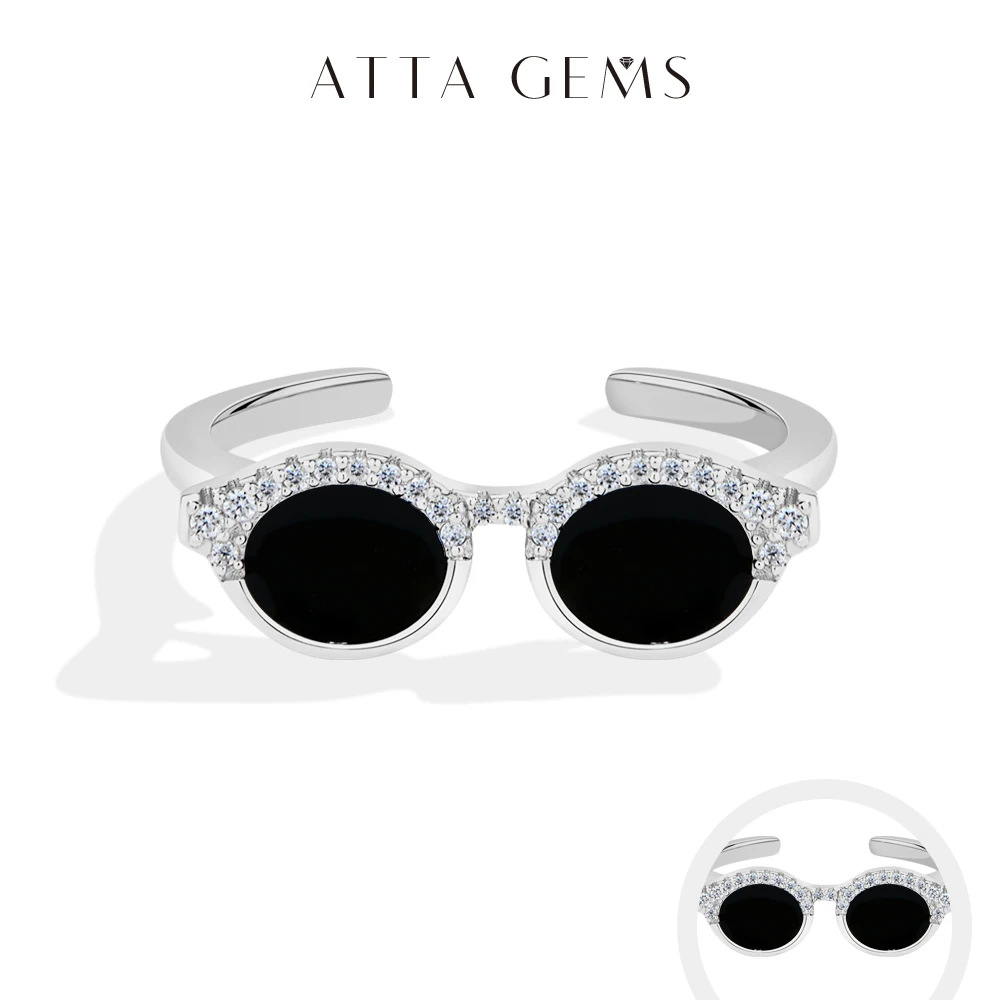 

ATTAGEMS Cool Mini Glasses Moissanite Ring for Woman S925 Sterling Silver Adjustable Band Couple Open Rings Party Jewelry Gifts