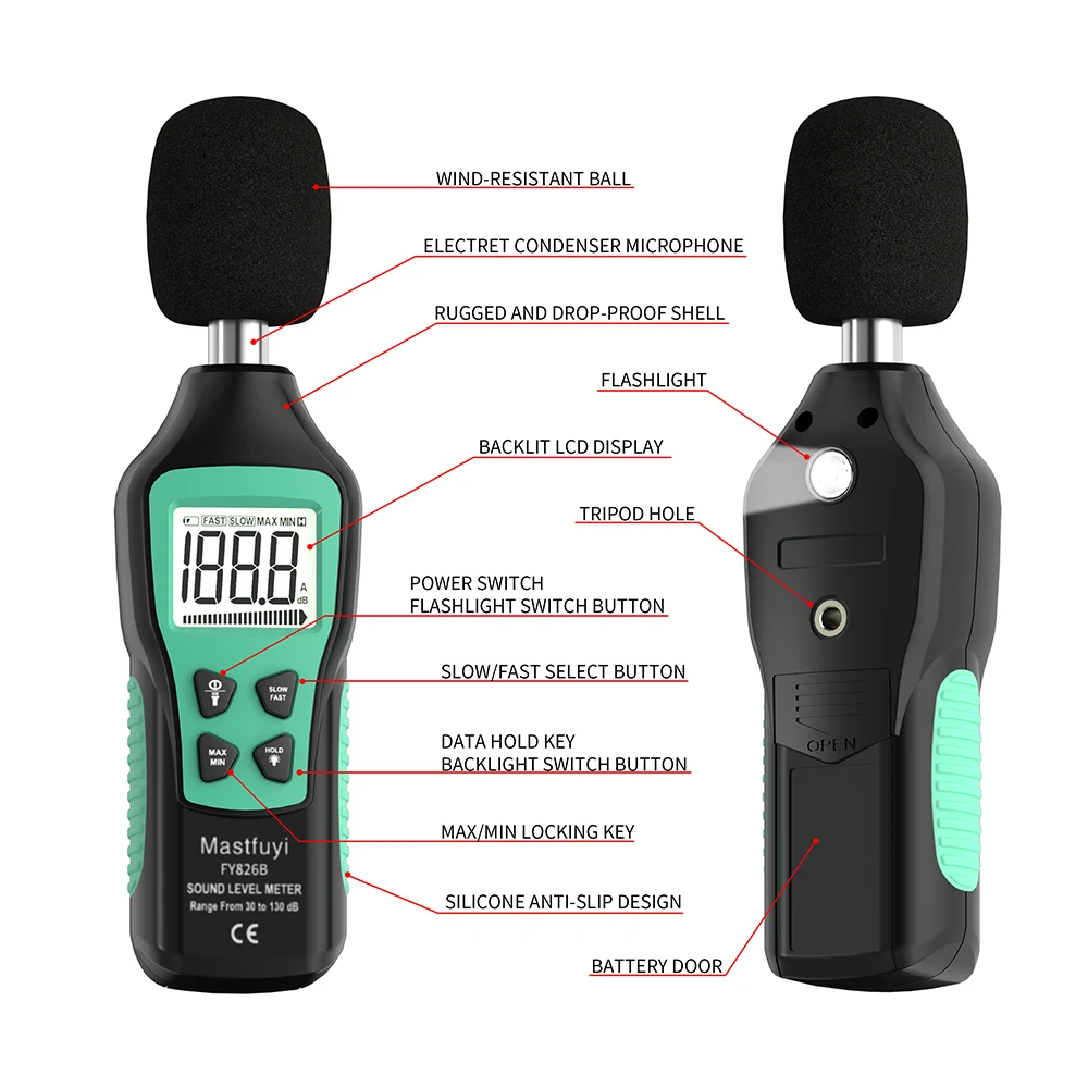 Cyfrowy miernik hałasu MASTFUYI, miernik poziomu dźwięku dB przenośny, ważony A 30~130 dB, instrument pomiarowy audio, monitor decybeli