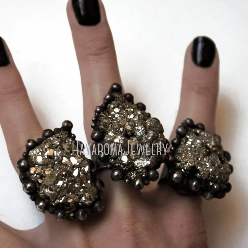 RM43291 Large Raw Pyrite Crystal Ring    Statement  Halloween