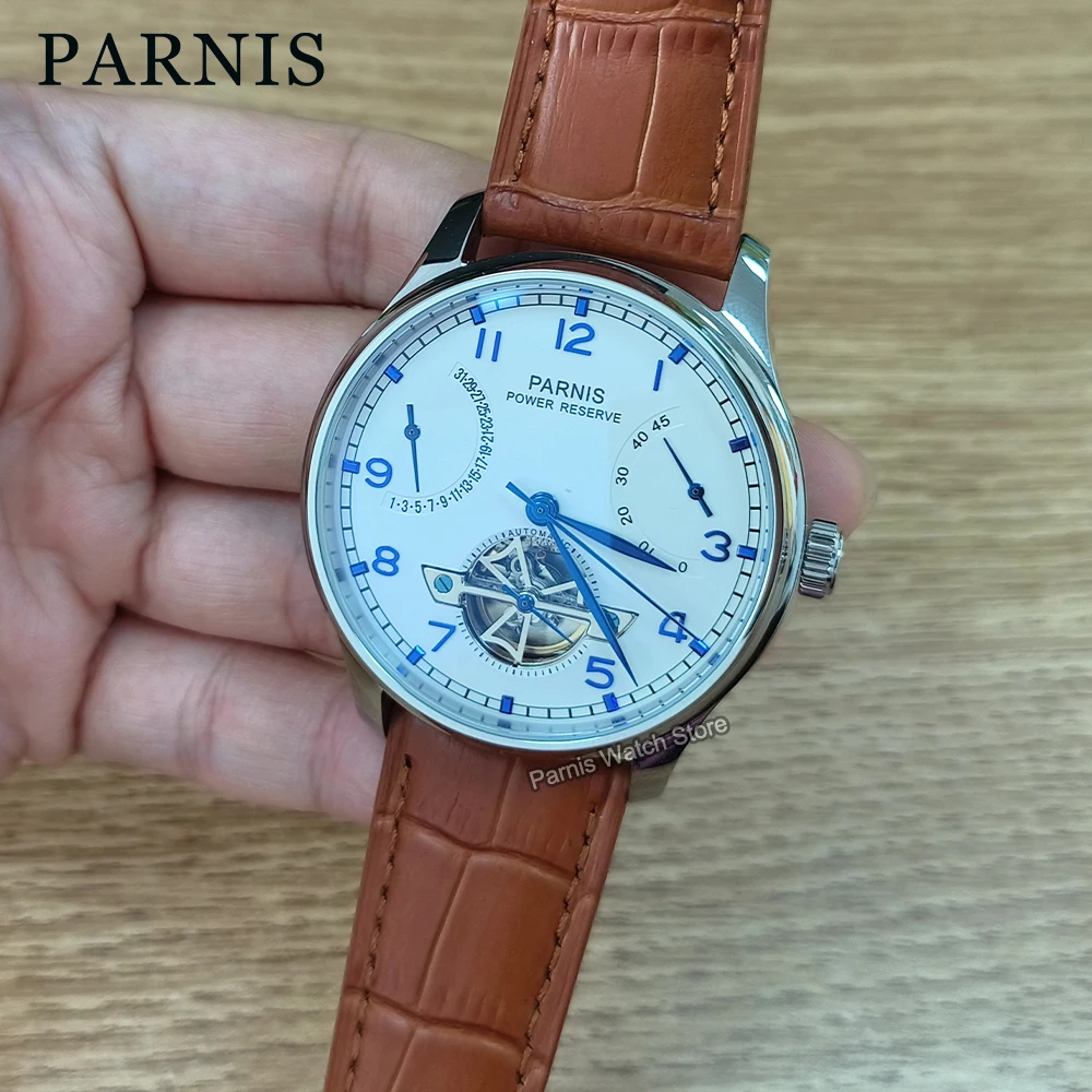 Parnis 43mm Automatic Mechanical Men's Watch Silver Case White Dial Men Power Reserve Skeleton Tourbillon Watches Gift