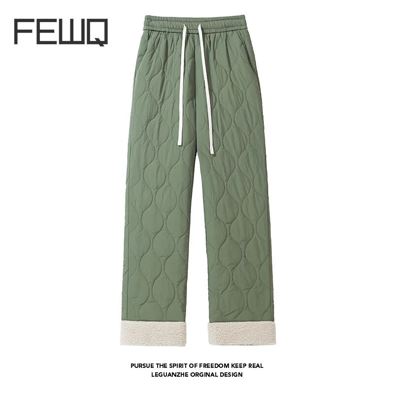 FEWQ Drawstring Men's Padded Pants Fleece Contrast Color Elastic Waist Straight Wide Leg Male Thick Bottom 2024 Winter 21Z8123