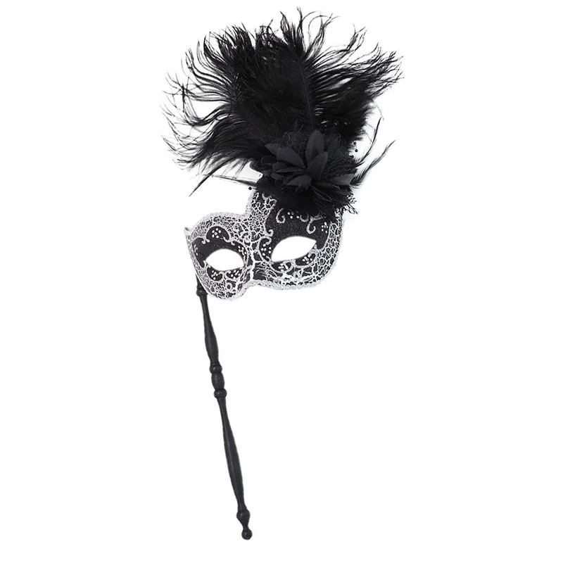 스틱으로 깃털 가장 무도회 마스크 반짝 이는 여성 남성 할로윈 카니발 마디 그라 부활절 코스프레 쇼 파티 핸드 헬드 하프 아이 마스크