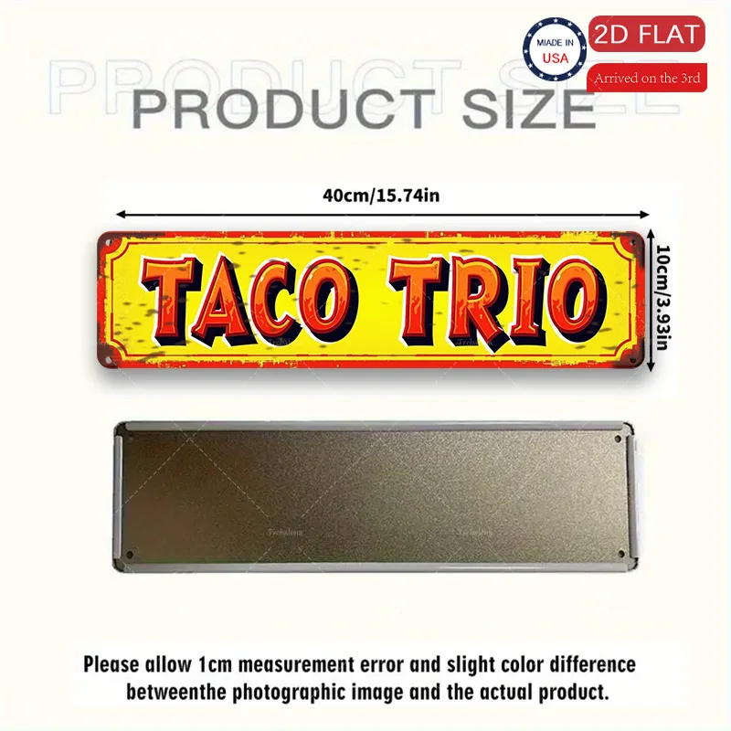 1 قطعة علامة معدنية، 4 × 16 بوصة "علامة "Retro 'Taco Trio" - فن معدني على الطراز العتيق لديكور المطبخ"
