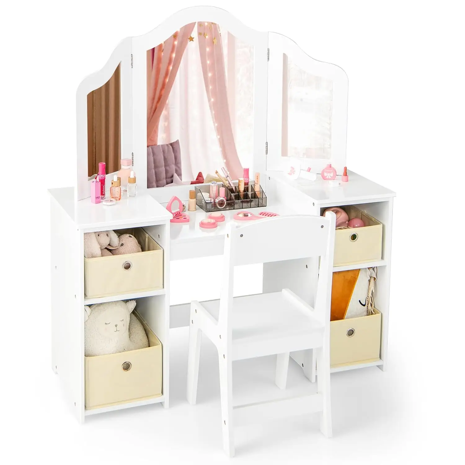 i*-Kids Vanity, 2 in 1 Princess Makeup Vanity Desk & Chair Set with Tri-Folding Mirror, 4 Storage Bins, Wooden, Customized