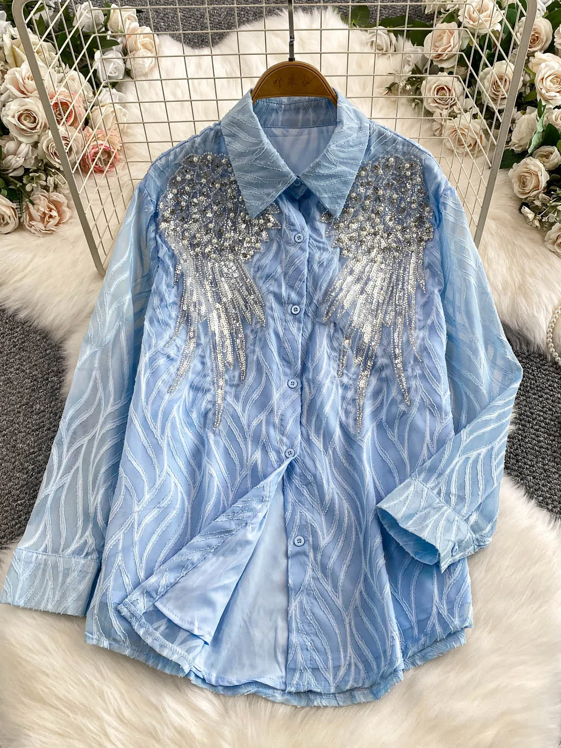 Heavy-Detail Diamond Embellished Casual Shirt Women's Loose Fit Summer Sun Protection Long Sleeve Flip-Collar Top