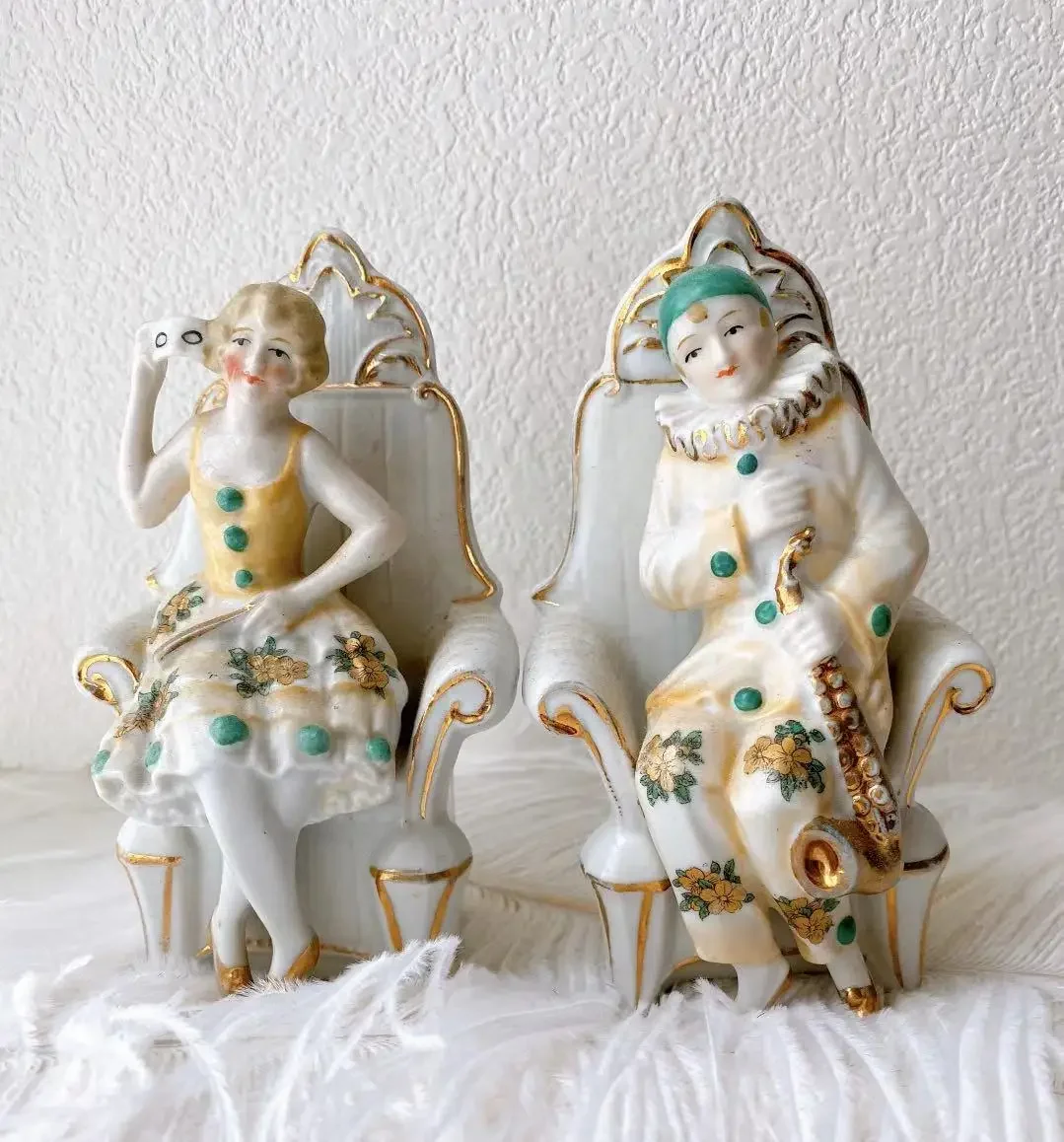 German Western Antique Clown Ceramic Ornament Porcelain Doll Bookend Piero Couple Rare Limited Time