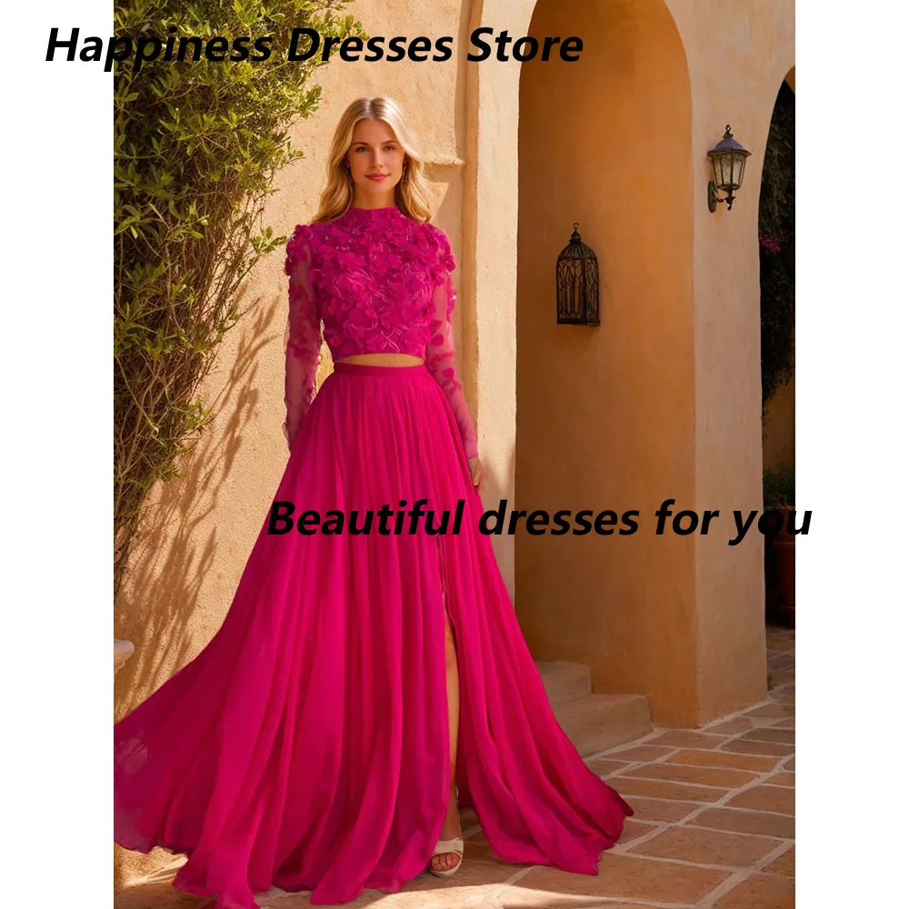 Customized Sexy High Neck Chiffon Evening Dresses Elegant Long Sleeves A Line Handmade Flowers Formal Party Dresses Prom Gown