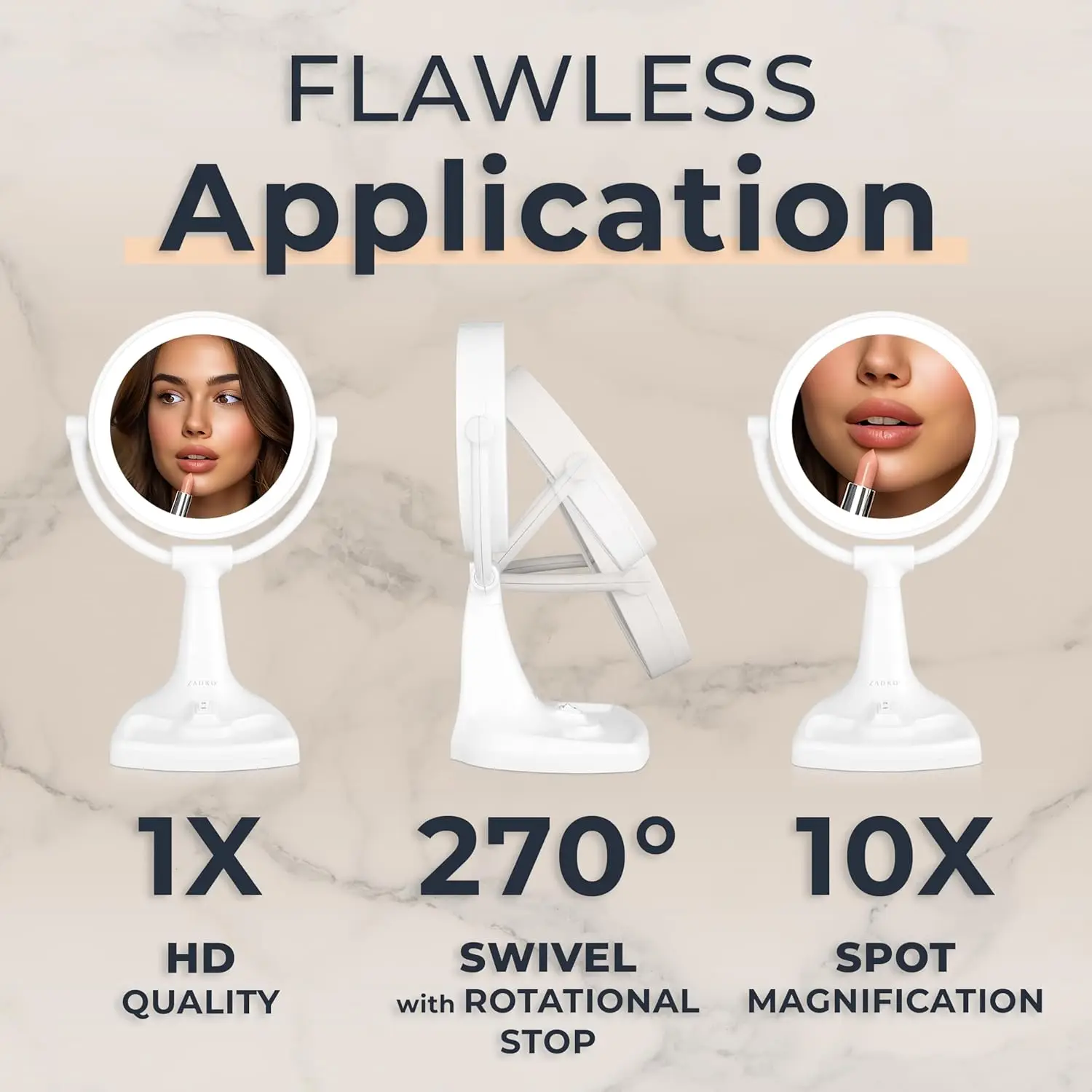 مرآة مكياج مضاءة فلورية لامعة مقاس 11 بوصة مع تكبير 10X/1X، مرآة مكياج خفيفة برأس دوارة، باللون الأبيض