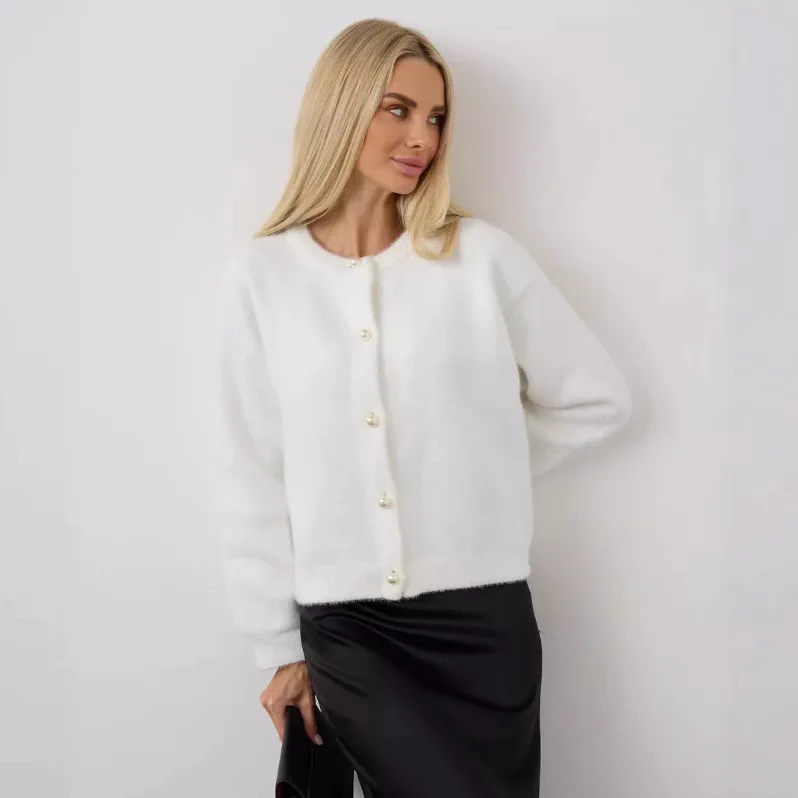 

White Sweater Jacket Women's Autumn and Winter High Sense Loose Imitation Mink Velvet Knitted Cardigan European American Style