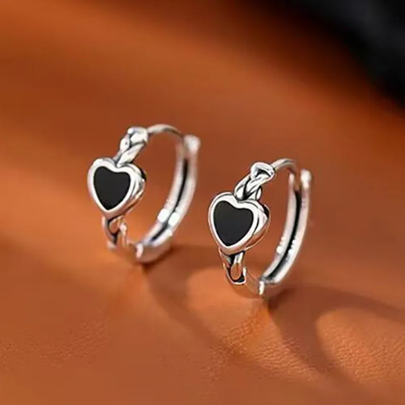 

925 Sterling Silver Black Heart hoop Earrings Temperament Simple Inlaid for Women Wedding Jewelry Accessories