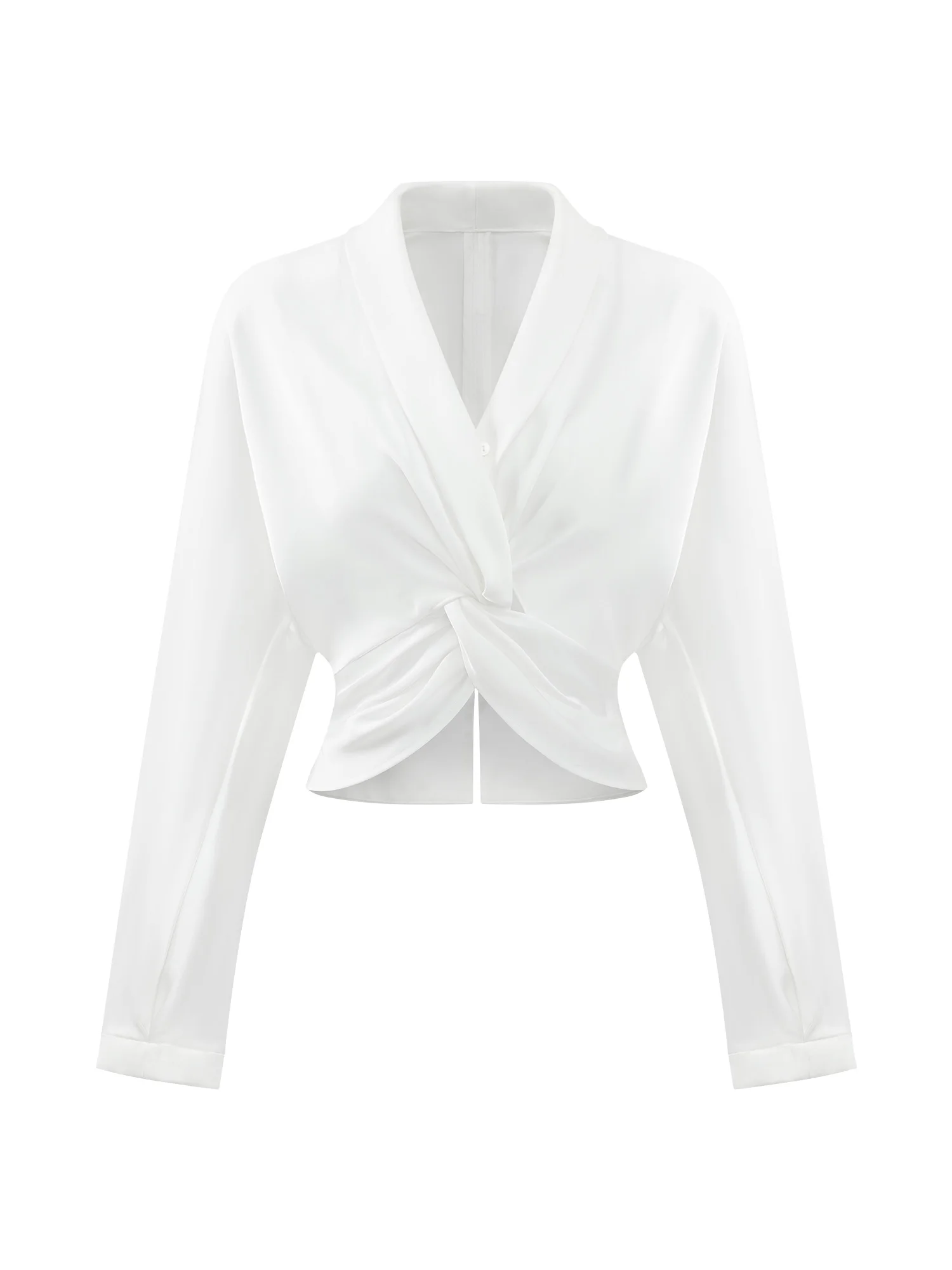 Elegant White Satin Blouse Women Long Sleeve V Neck Shirt French Short Top Slim Fit Waist Design | Autumn Fashion Office Outfit