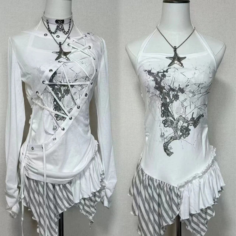 Subculture Harajuku Fairy Grunge Tops Set Women Japanese Vintage American Style Lace Up Print T Shirts Long Sleene Patchwork Tee