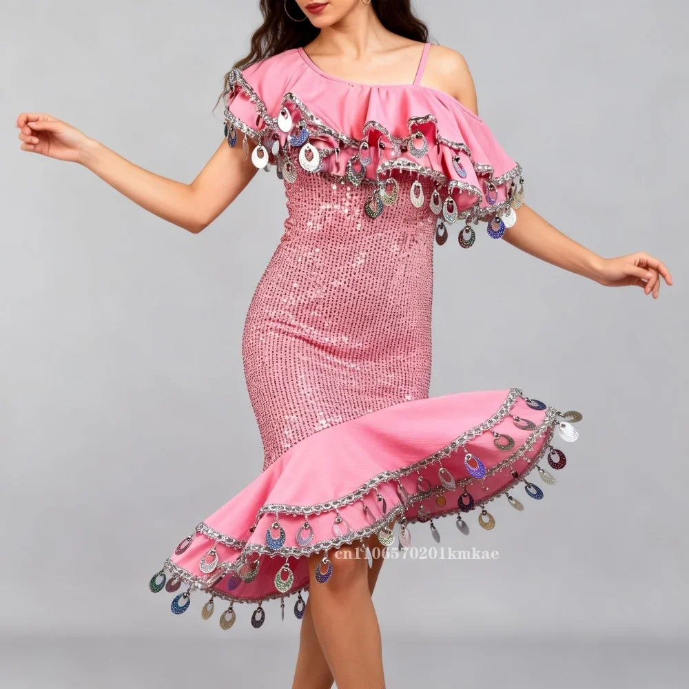 Kostium do tańca brzucha, cekinowa różowa orientalna spódnica Melaya, strój na zamówienie do występów i konkursów dla dorosłych i młodzieży.