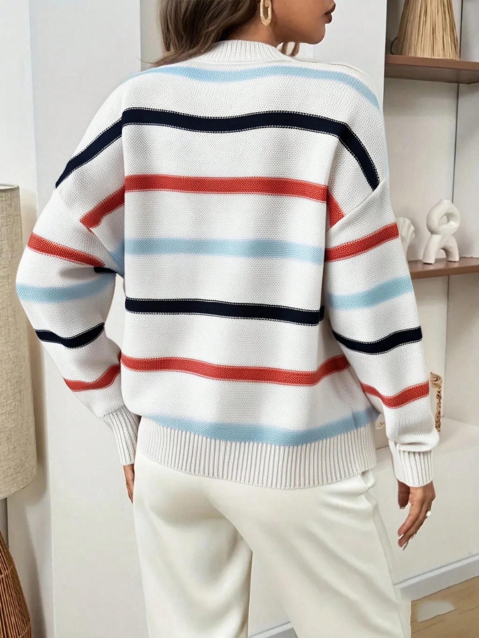 Plus Size Women's Casual Crew Neck Color Block Striped Long Sleeve Knit Sweater, Perfect for Spring & Fall