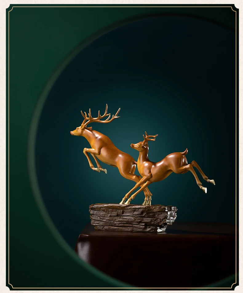 Chinese Copper Crafts Double Fortune Deer Sculptures Home Office Room Desktop Decoration Home Fengshui Ornaments Gifts