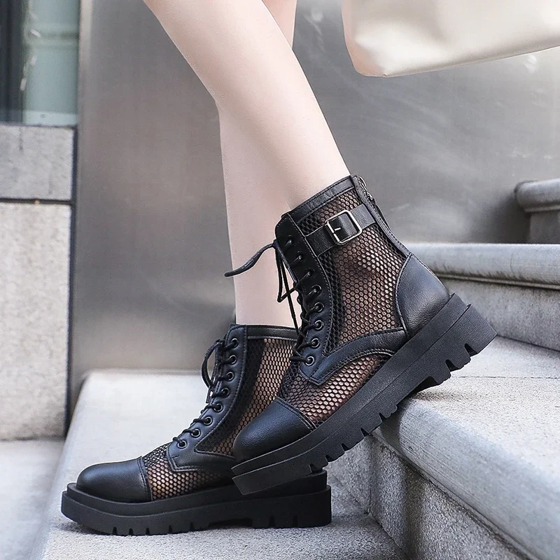

Fashion Women 2024 Summer Mesh Lace-up Short Ankle Boots Women's Breathable Hollow Boots Platform Shoes