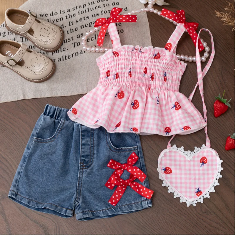 

New Spring/Summer Cute Strawberry Camisole for Girls＋Two-piece jeans set