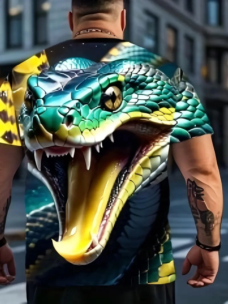 Męska koszulka z krótkim rękawem w rozmiarze plus size z nadrukiem węża 3D, luźna i swobodna, miękka, wygodna i oddychająca, odpowiednia do sportów na świeżym powietrzu