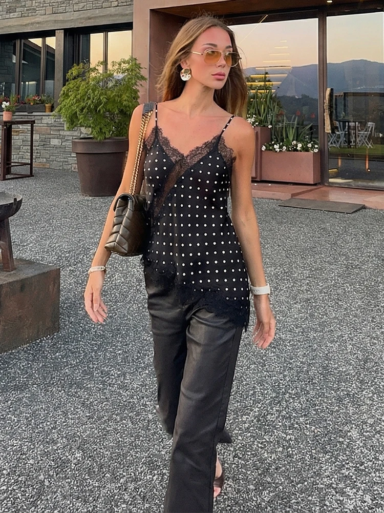 HH Elegant Asymmetrical Slip Dot Lace Top For Women 2026 Spring Summer Sexy Backless Sleeveless Camisole Female Beach Straps Top