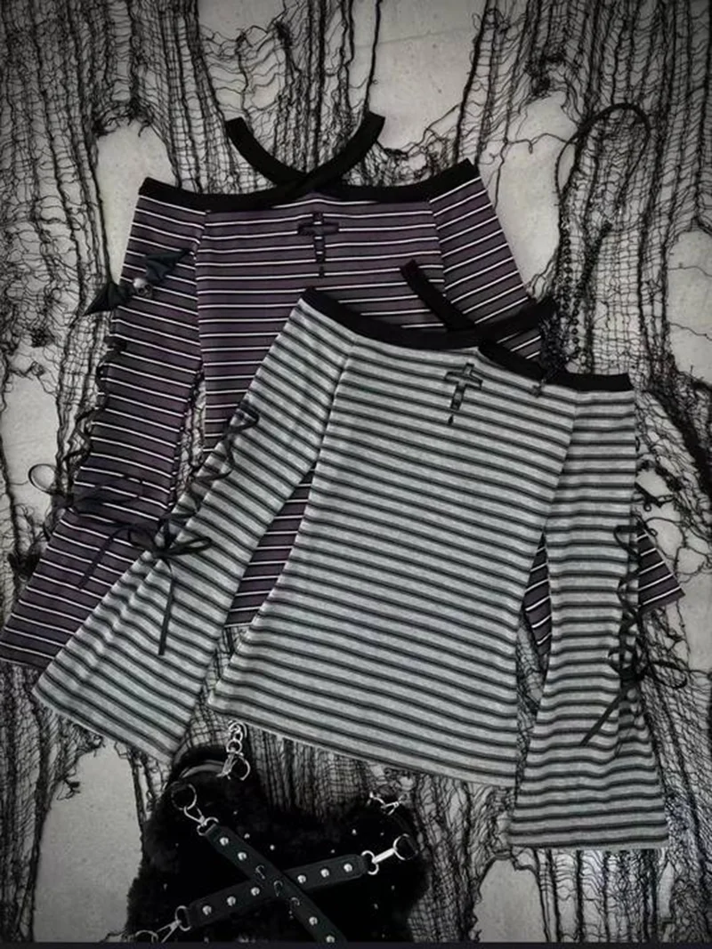 Vintage Girls Cross Neck Off Shoulder Flared Sleeve Striped Long Sleeve Bottom Shirt Womens T-shirt Y2K Tops Hanging Neck