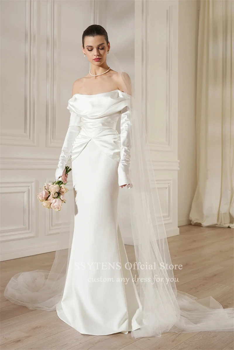 Charmante Brautkleider Satin von der Schulter Hochzeiten Brautkleider lange Ärmel Empfangs kleid minimalist ischen Zivil Brautkleid