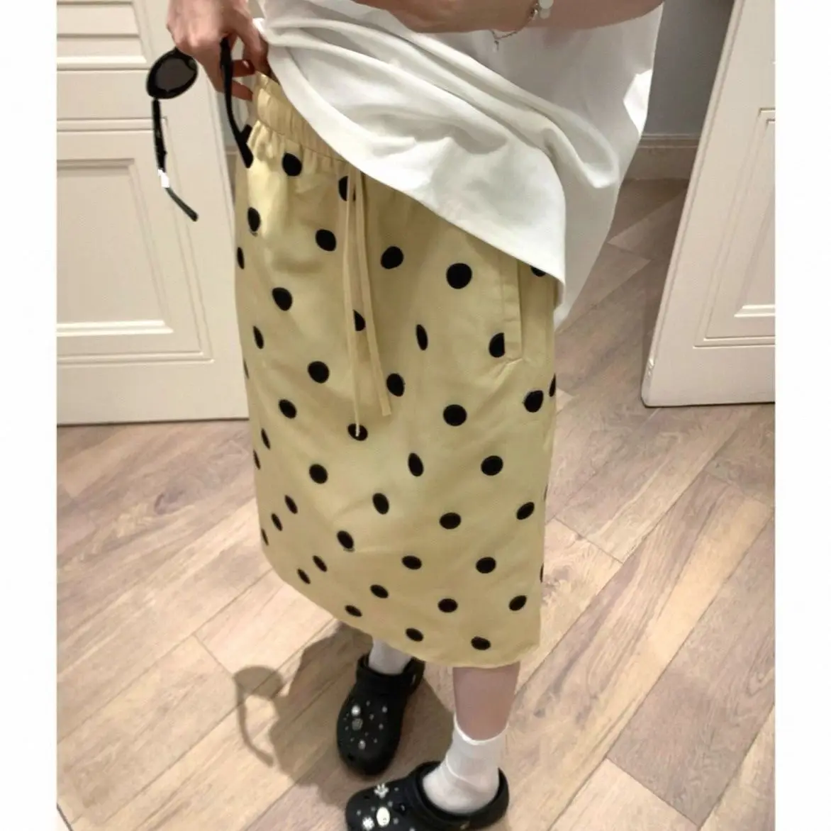 

Новая женская юбка миди в горошек с эластичным поясом, корейский стиль, лето 2026, желтая, утягивающая, средней длины