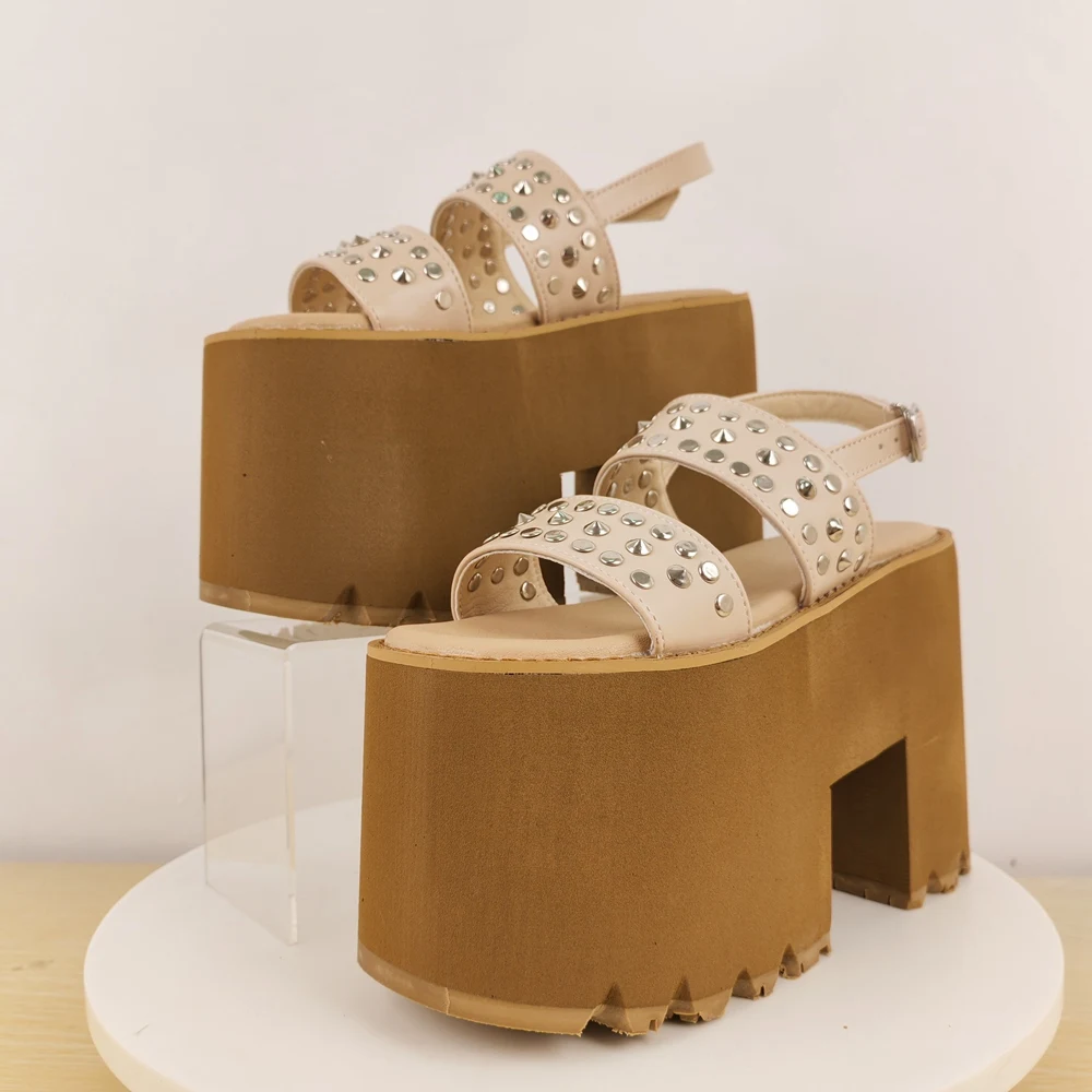 Sandalias con pinchos, cuñas con correa en el tobillo, Sandalias femeninas con remaches, Zapato De Tacon, zapatos De plataforma alta para mujer, alpargata