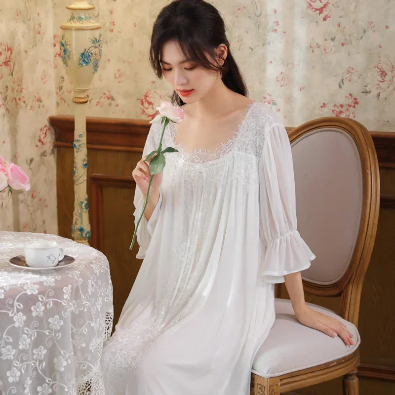 Sweet Vintage Lace Peignoir Fairy Mesh Loose Night Dress Princess Sleepwear Home Wear Women Long Robe Half Sleeve Sexy Nightgown