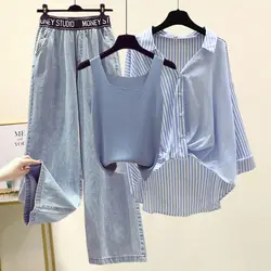 Fashion 2022 Large Size 4XL Women Clothing 100kg Fat Sister Spring Suit Striped Shirt Small Suspenders Wide-leg Denim Jeans Set