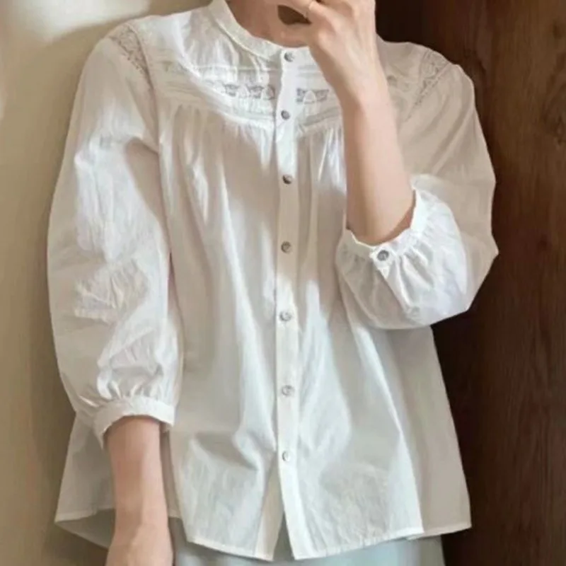 

Femme Spring Summer Fashion Korean Button Solid Color O-neck 3/4 Sleeve Women's Shirt Simplicity All-match Long Sleeve Top Tee