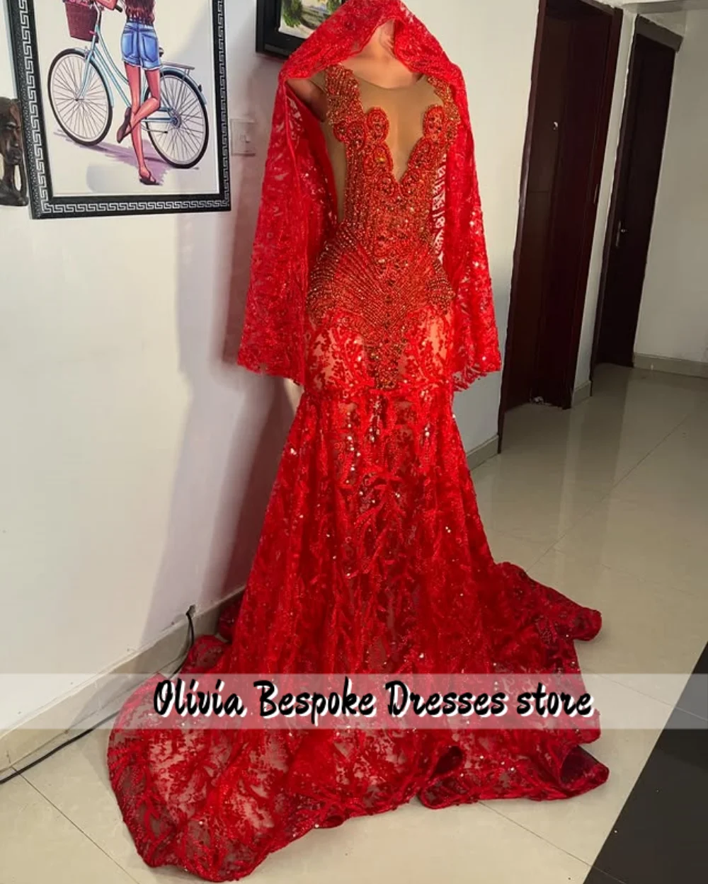 Robe de soirée Aso Ebi en perles rouges, charmante robe sirène avec foulard pour fête de luxe, femme africaine, luxueuse, personnalisée, 2026