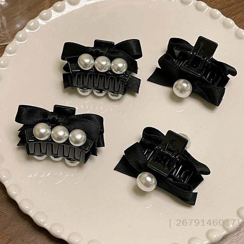 {YY26} 2 Stück Elegante Süße Schwarze Schleifen-Perlen-Haarspangen für Frauen und Mädchen, Mini-Haarklammern, Modische Exquisite Haaraccessoires