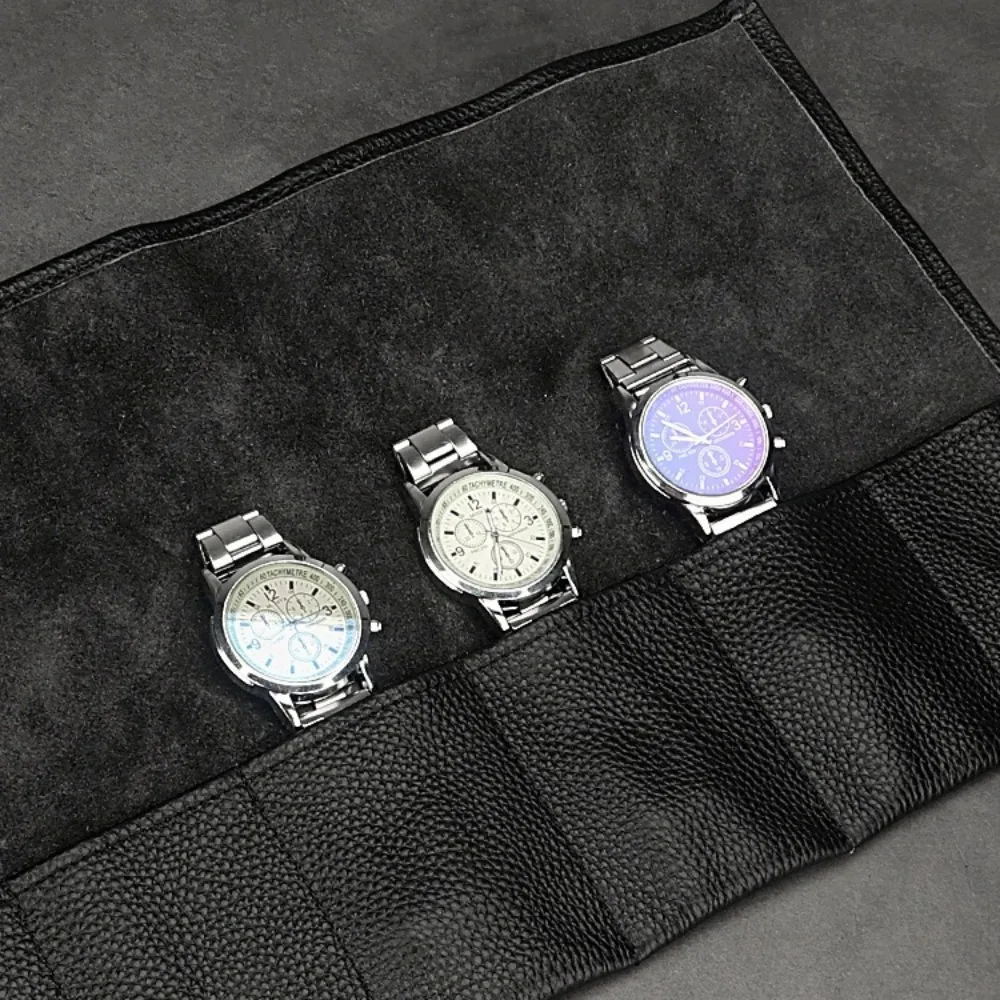 

6 Slots Watch Storage Bag Black Leather Soft Lining Watch Storage Box Scratch Resistant Solid Color Wristwatch Storage Bag
