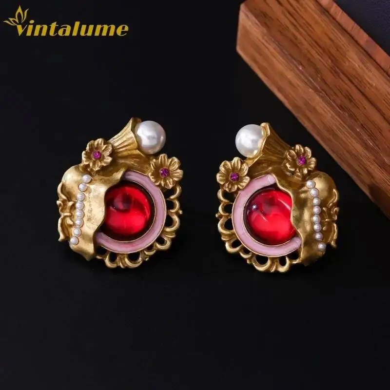 

Vintalume Vintage Fashion Jewelry Enamel Crystal CZ Pearl Flower Huggie Convertible Earrings For Women Dainty Earring Party Gift