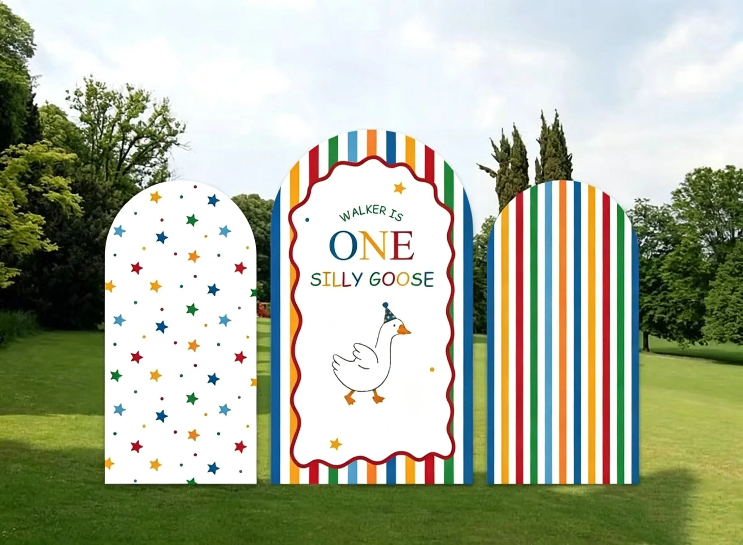 Custom 2-Side One Silly Goose Baby Shower Arch Backdrop Cover Rainbow Stripe Colorful Star Birthday Party Decor Backdrop Photo