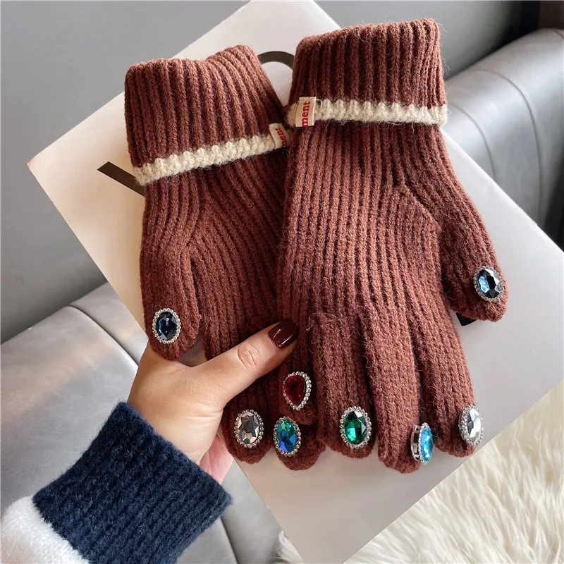 Frauen Winter Warme Gestrickte Volle Finger Handschuhe Solide Wolle Luxus Strass Mädchen Mode Touchscreen Fäustlinge Weibliche Drving – Detail 15