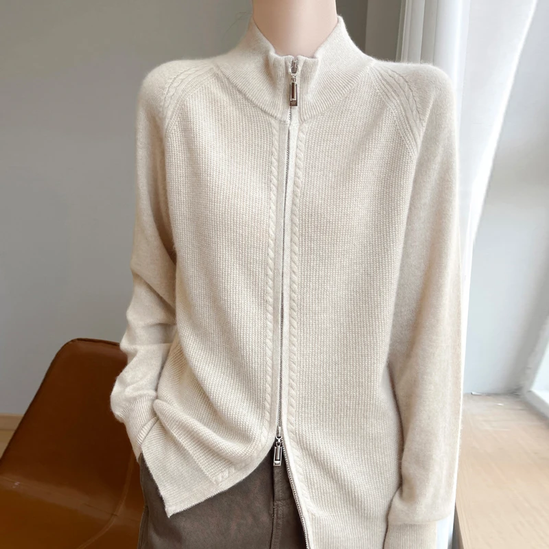 Women's Coat 100% Pure Wool Women's Zipper Knitted Cardigan Spring Autumn Long Sleeved Sweater Casual Stand up collar Shirt Tops