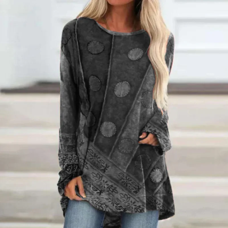 European and American Women\'s Popular Ethnic Style Printed Loose Long Sleeved Oversized Hoodie Fashionable T-shirt 2024